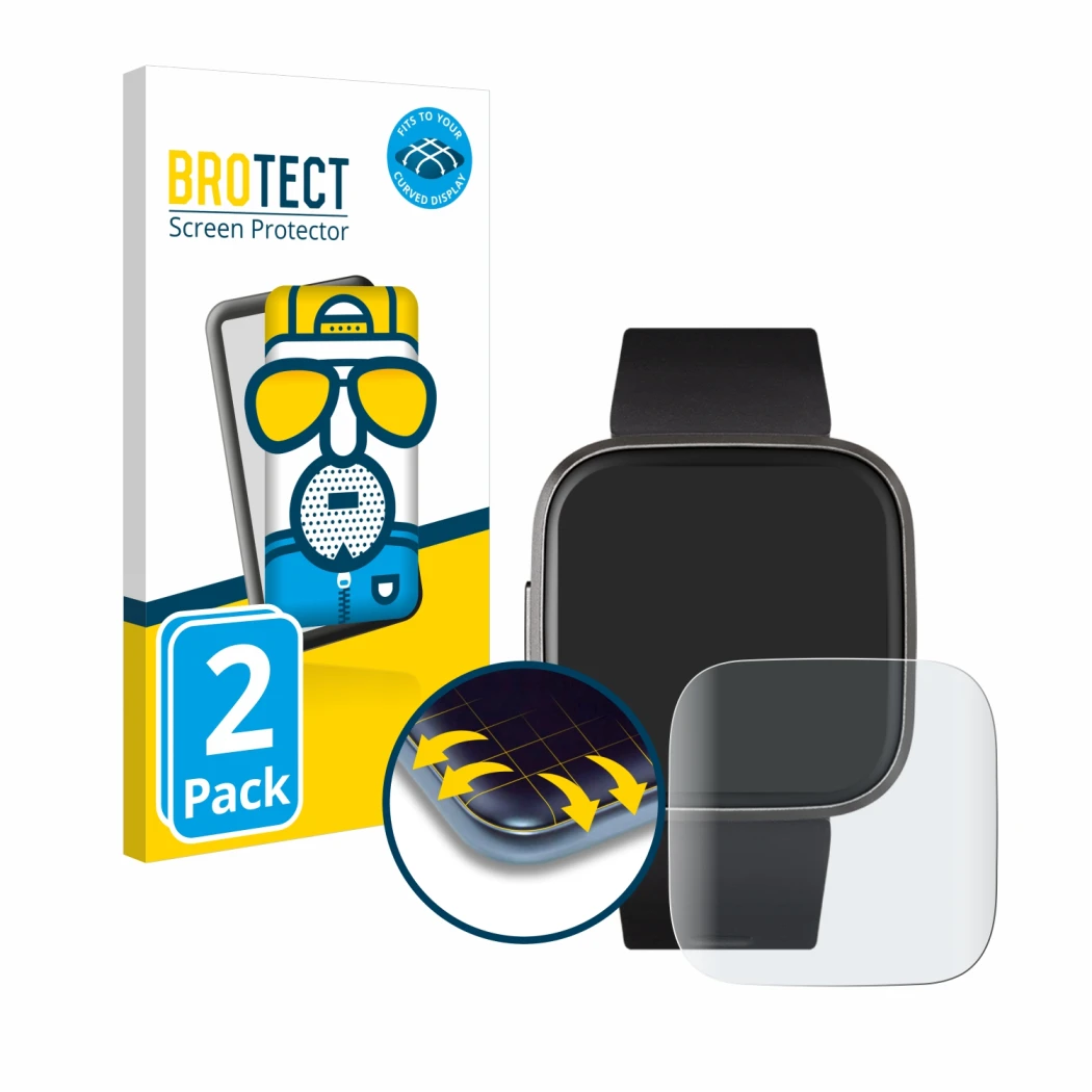 Face avant d’un emballage produit avec le logo de la marque BROTECT. À côté, l’appareil Fitbit Versa 2 est représenté avec la 