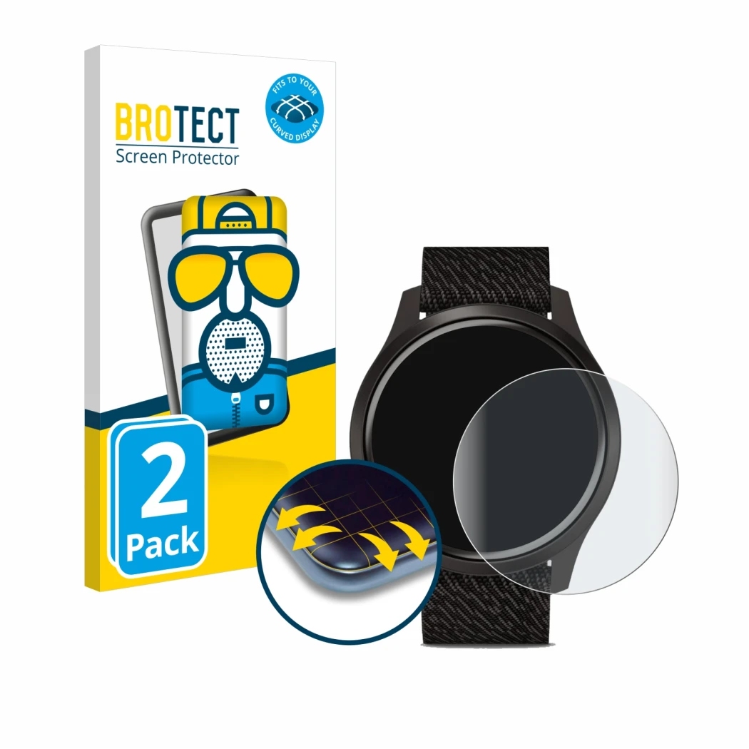 Face avant d’un emballage produit avec le logo de la marque BROTECT. À côté, l’appareil Garmin vivomove Style (42 mm) est repr