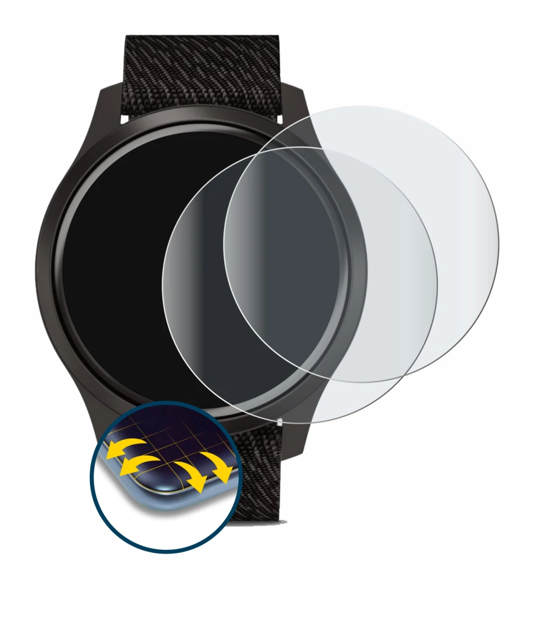 Image de l'appareil Garmin vivomove Style (42 mm) avec une grande variété de protections d'écran.