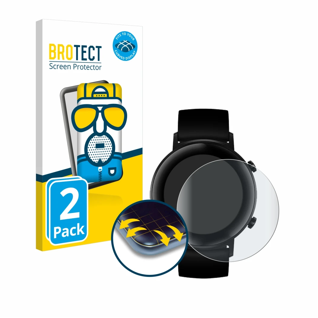 Face avant d’un emballage produit avec le logo de la marque BROTECT. À côté, l’appareil Huawei Watch GT 2 (42 mm) est représen