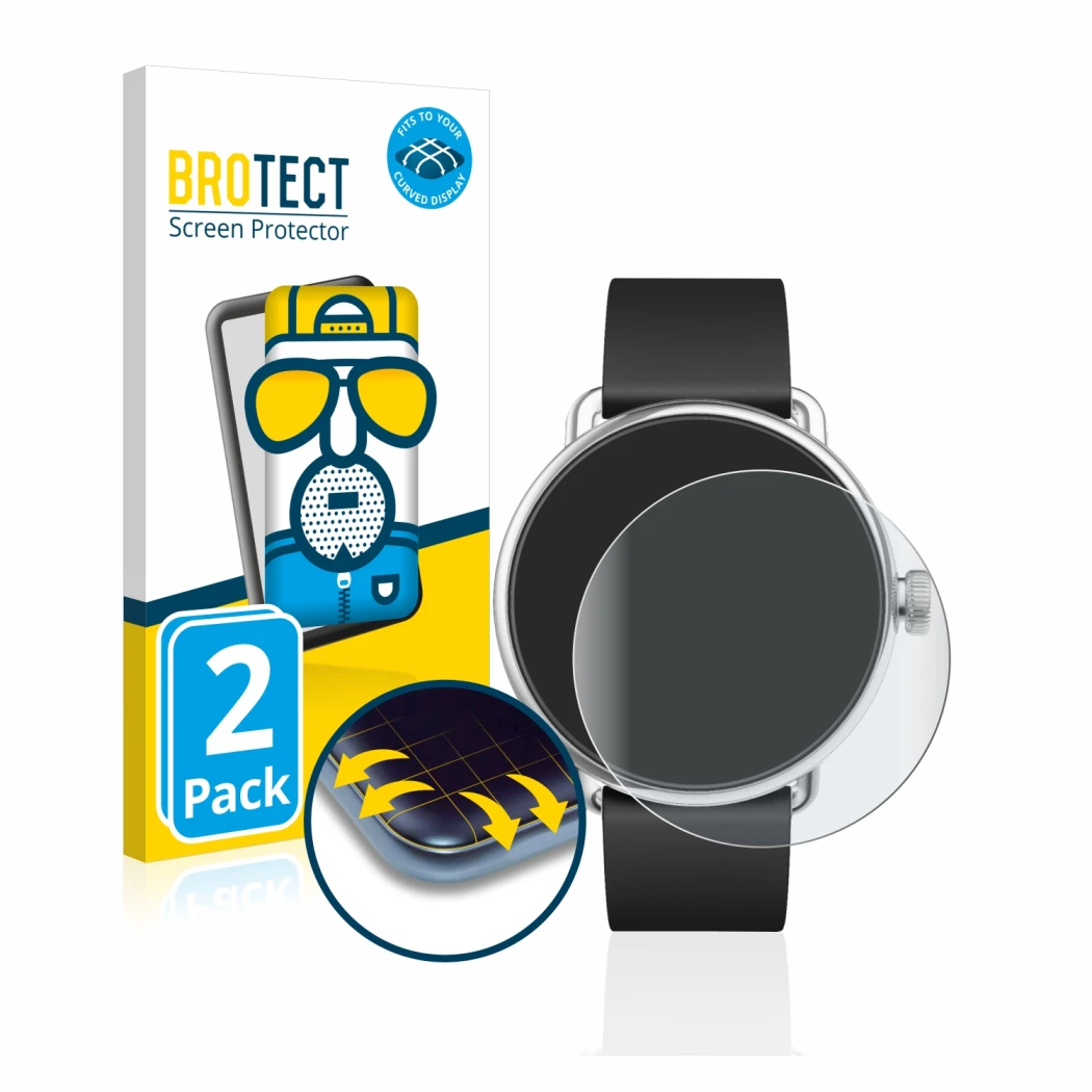Face avant d’un emballage produit avec le logo de la marque BROTECT. À côté, l’appareil Withings ScanWatch (38 mm) est représe