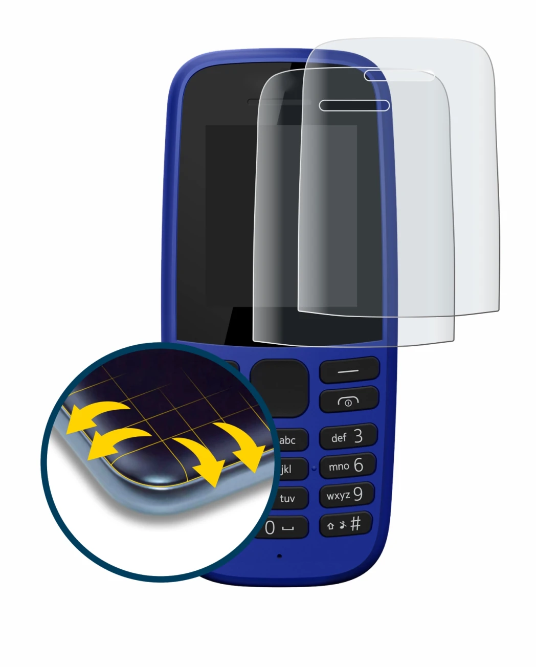 Image de l'appareil Nokia 105 DS 2019 avec une grande variété de protections d'écran.