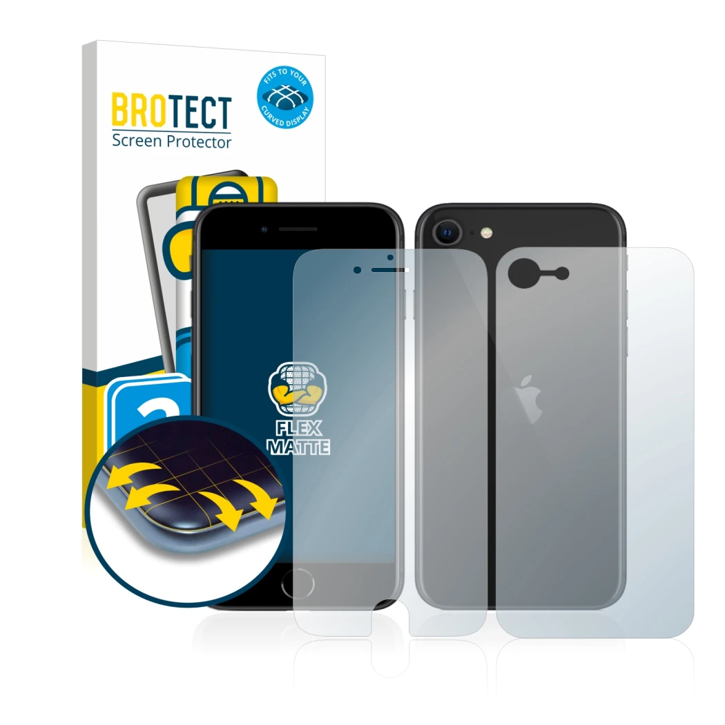 Face avant d’un emballage produit avec le logo de la marque BROTECT. À côté, l’appareil Apple iPhone SE 2 2020 (Avant+Arrière)