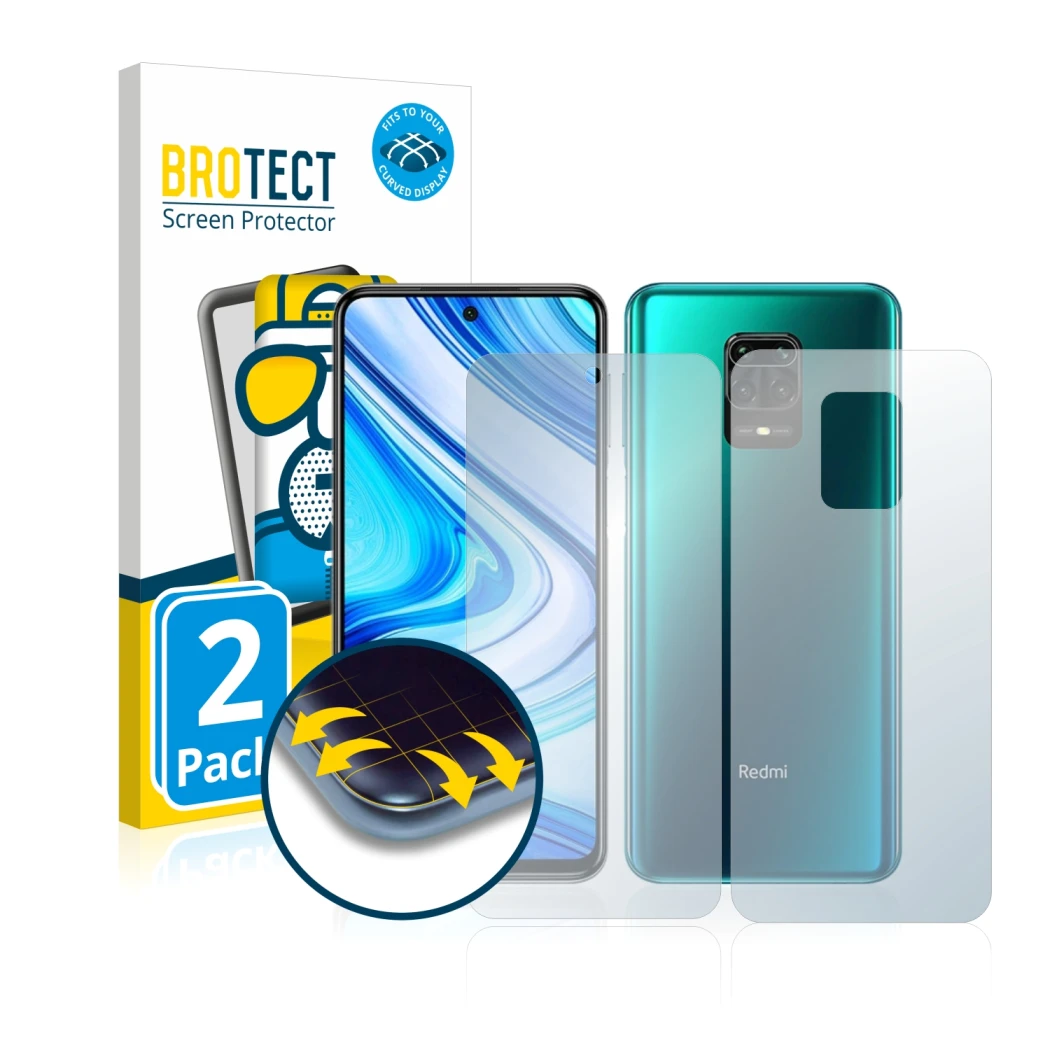 Face avant d’un emballage produit avec le logo de la marque BROTECT. À côté, l’appareil Xiaomi Redmi Note 9 Pro (Avant+Arrière