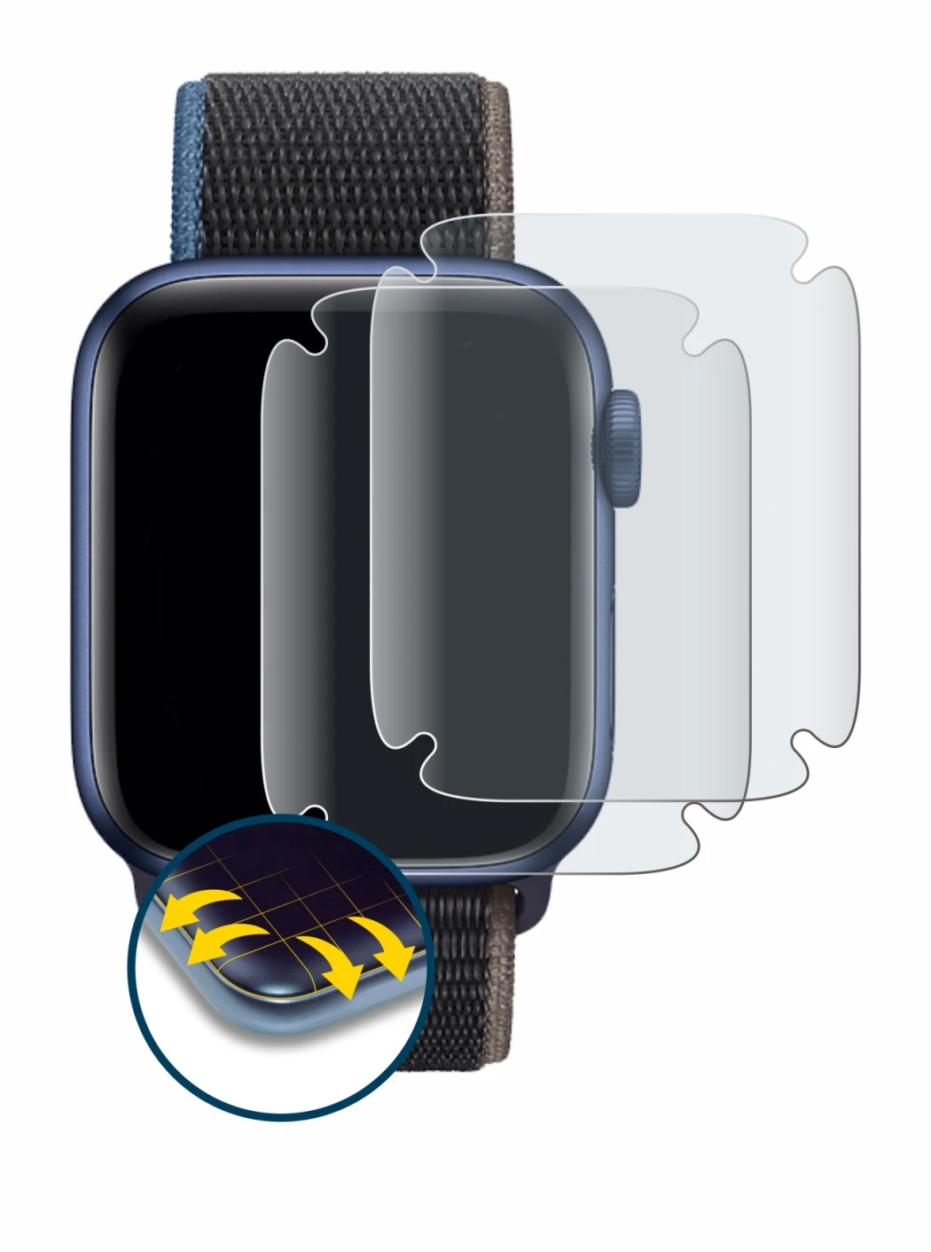 Image de l'appareil Apple Watch Series 6 (44 mm) avec une grande variété de protections d'écran.