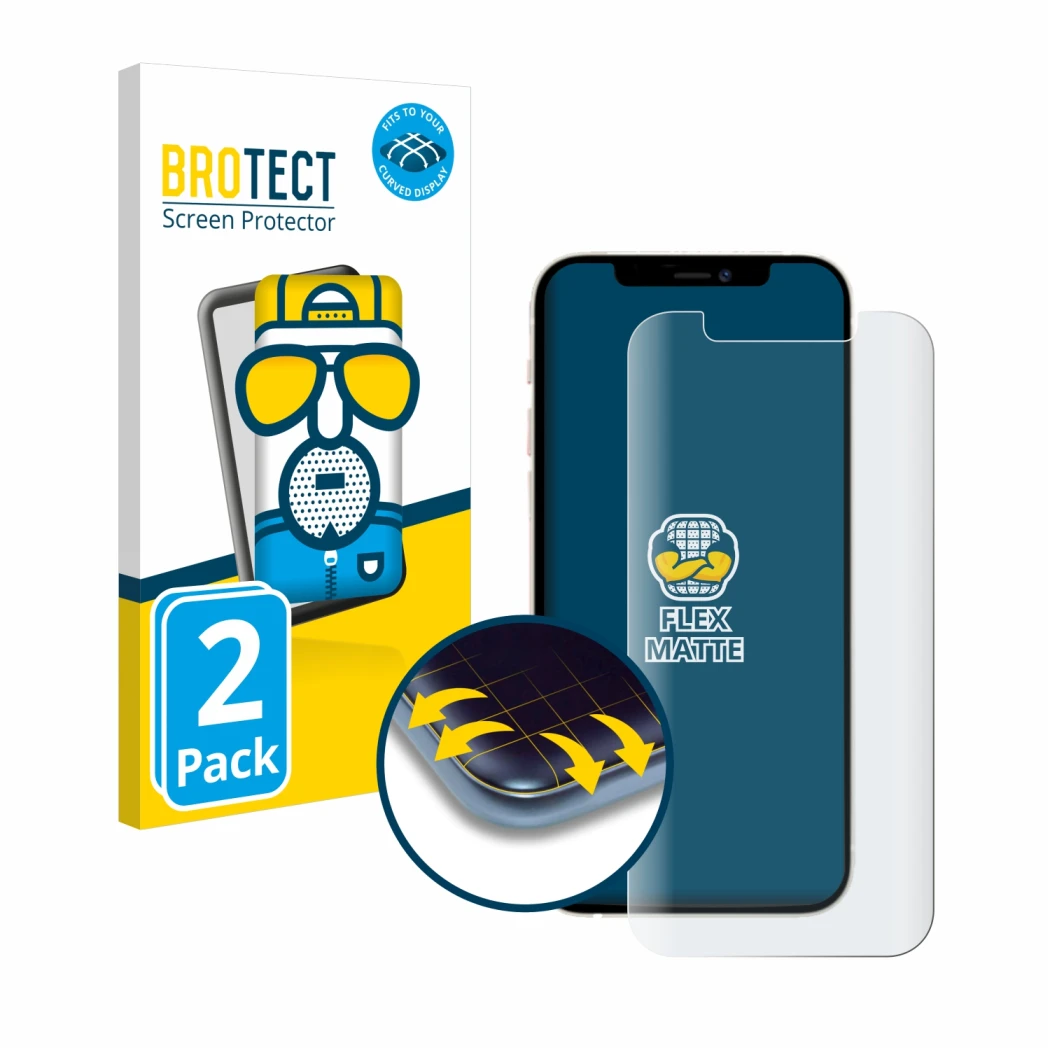 Face avant d’un emballage produit avec le logo de la marque BROTECT. À côté, l’appareil Apple iPhone 12 Pro est représenté ave