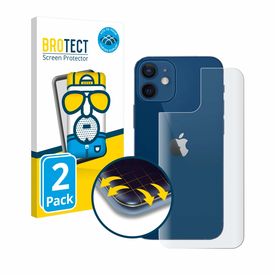 Face avant d’un emballage produit avec le logo de la marque BROTECT. À côté, l’appareil Apple iPhone 12 (Arrière) est représen