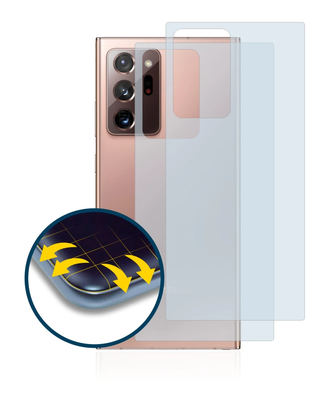 Image de l'appareil Samsung Galaxy Note 20 Ultra (Arrière) avec une grande variété de protections d'écran.