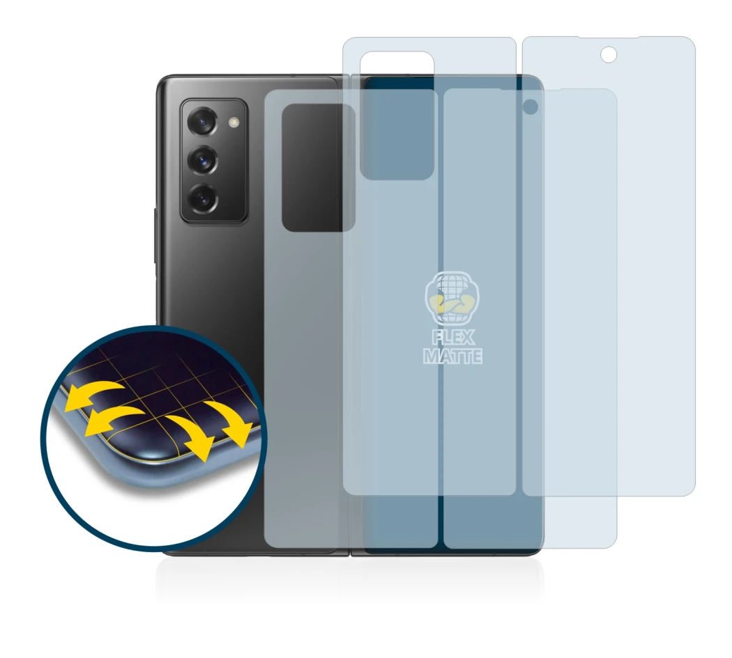 Image de l'appareil Samsung Galaxy Z Fold 2 5G (Avant+Arrière) avec une grande variété de protections d'écran.