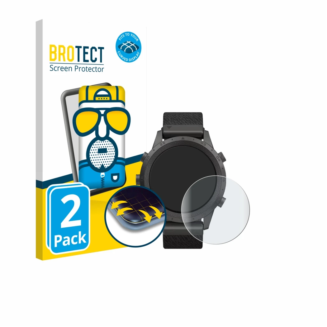 Face avant d’un emballage produit avec le logo de la marque BROTECT. À côté, l’appareil Garmin Marq Expedition est représenté