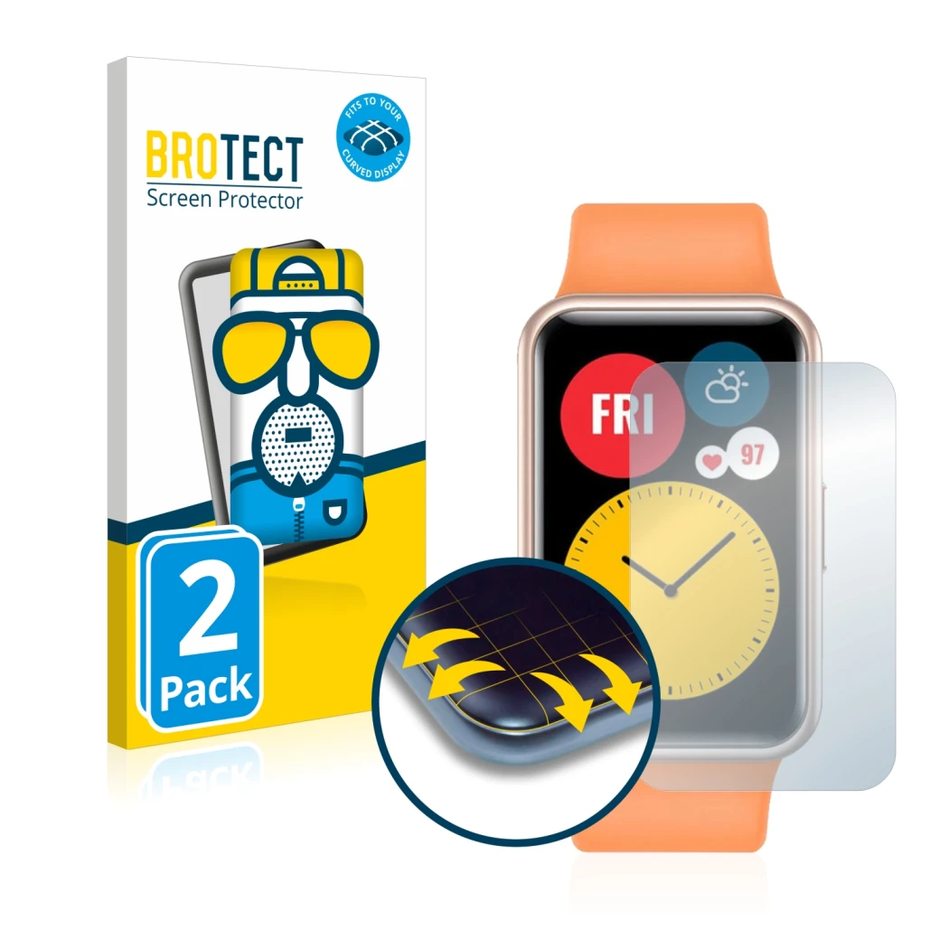 Face avant d’un emballage produit avec le logo de la marque BROTECT. À côté, l’appareil Huawei Watch Fit est représenté avec l