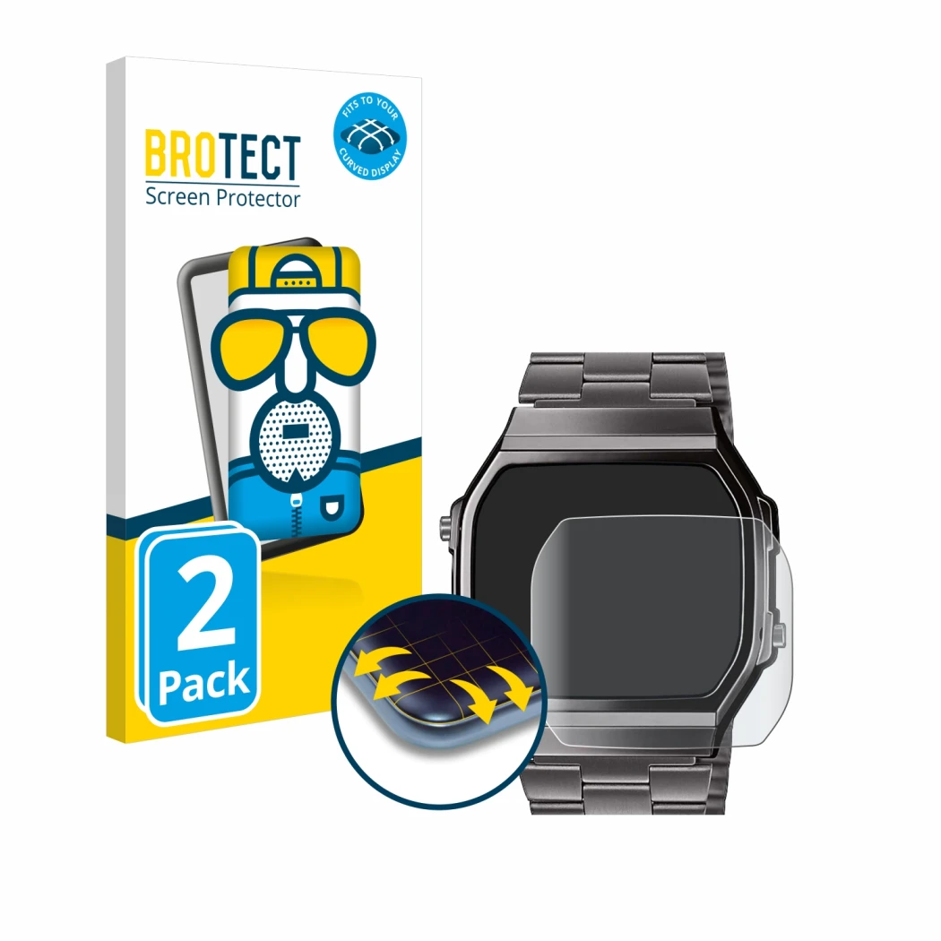 Face avant d’un emballage produit avec le logo de la marque BROTECT. À côté, l’appareil Casio A168WEGG-1BEF est représenté ave