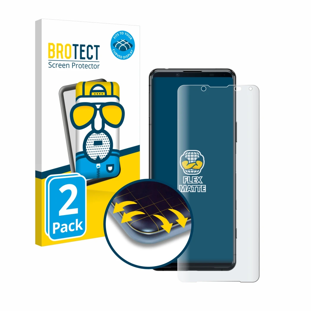 Face avant d’un emballage produit avec le logo de la marque BROTECT. À côté, l’appareil Sony Xperia 5 II est représenté avec l