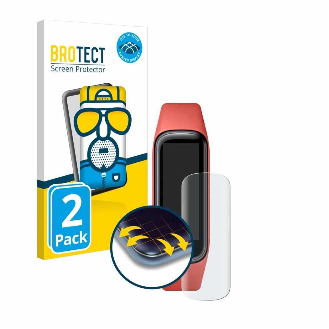 Face avant d’un emballage produit avec le logo de la marque BROTECT. À côté, l’appareil Samsung Galaxy Fit2 est représenté ave