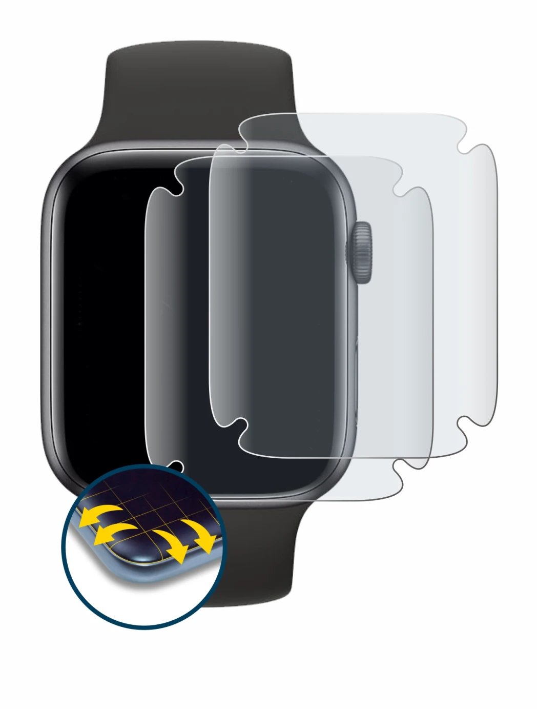 Image de l'appareil Apple Watch SE (44 mm) avec une grande variété de protections d'écran.