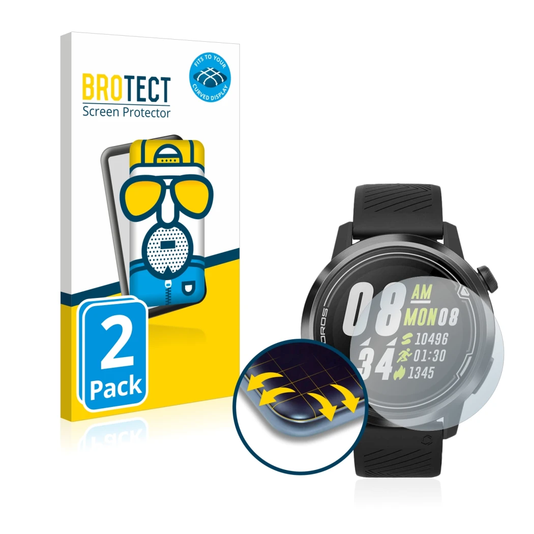 Face avant d’un emballage produit avec le logo de la marque BROTECT. À côté, l’appareil Coros Apex (42 mm) est représenté avec