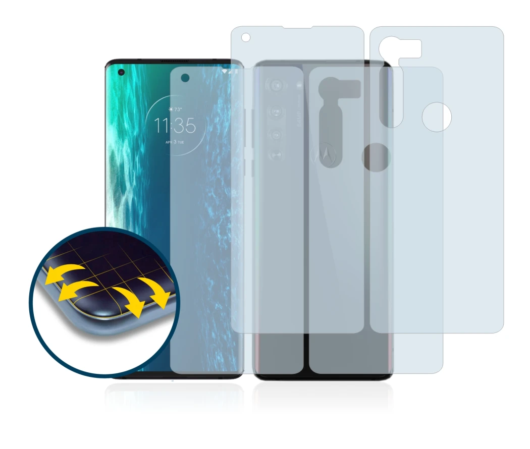 Image de l'appareil Motorola Edge (Avant+Arrière) avec une grande variété de protections d'écran.
