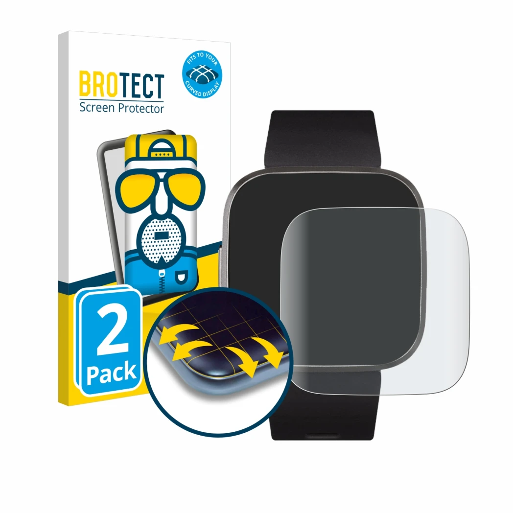 Face avant d’un emballage produit avec le logo de la marque BROTECT. À côté, l’appareil Fitbit Versa 2 Special Edition est rep