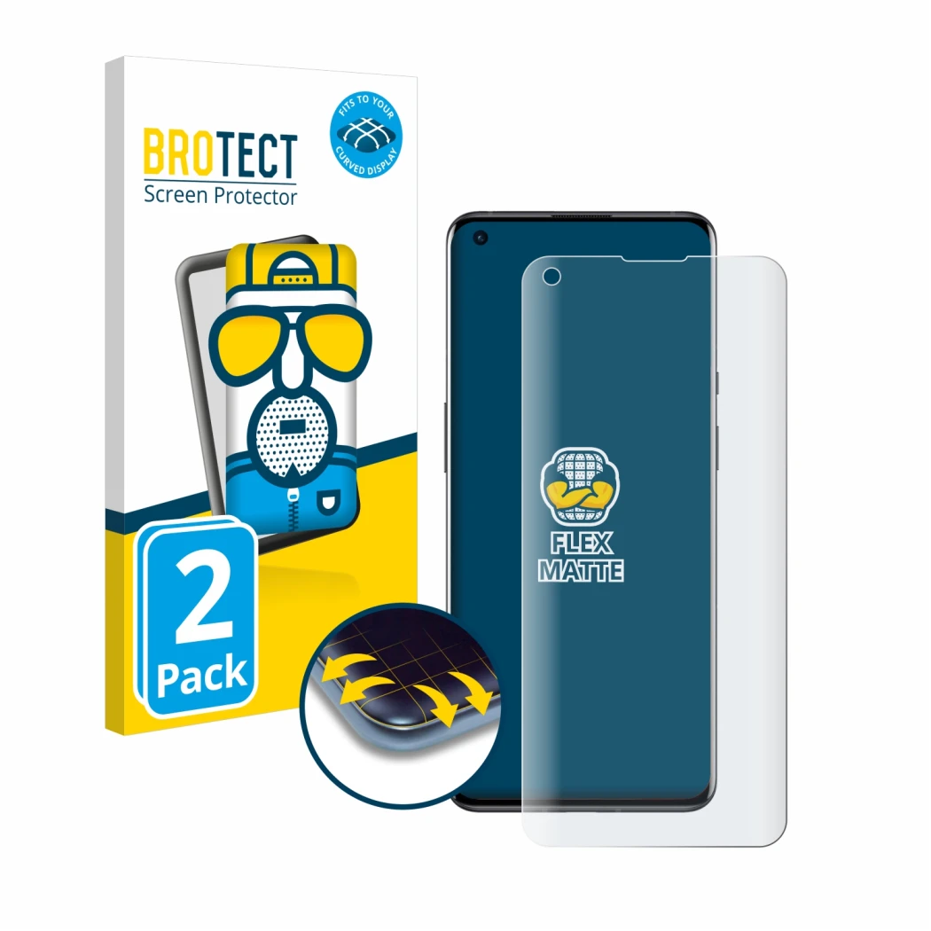 Face avant d’un emballage produit avec le logo de la marque BROTECT. À côté, l’appareil OnePlus 9 Pro est représenté avec la p