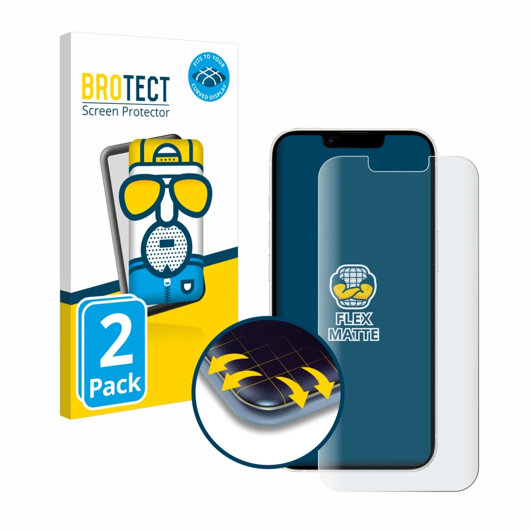 Face avant d’un emballage produit avec le logo de la marque BROTECT. À côté, l’appareil Apple iPhone 13 est représenté avec la