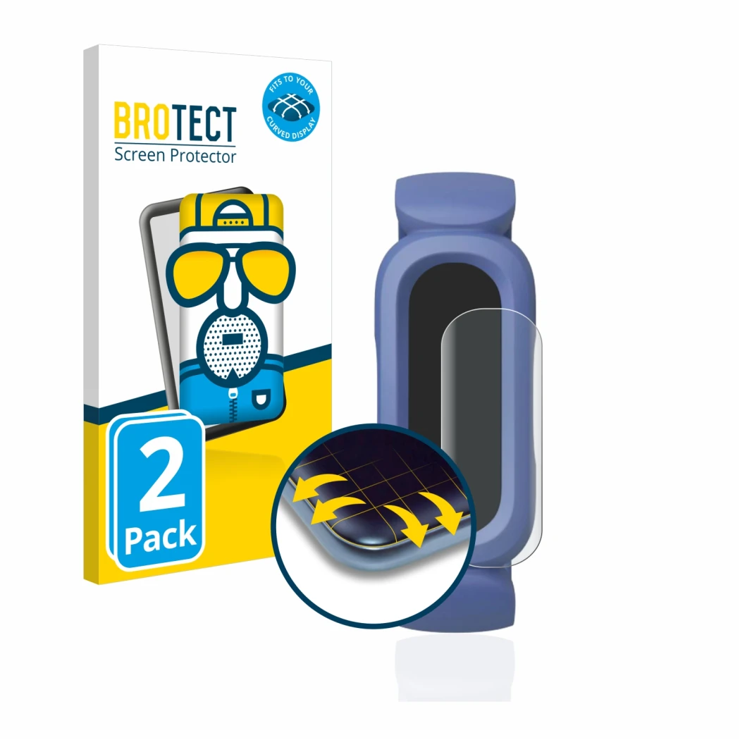 Face avant d’un emballage produit avec le logo de la marque BROTECT. À côté, l’appareil Fitbit Ace 3 est représenté avec la pr