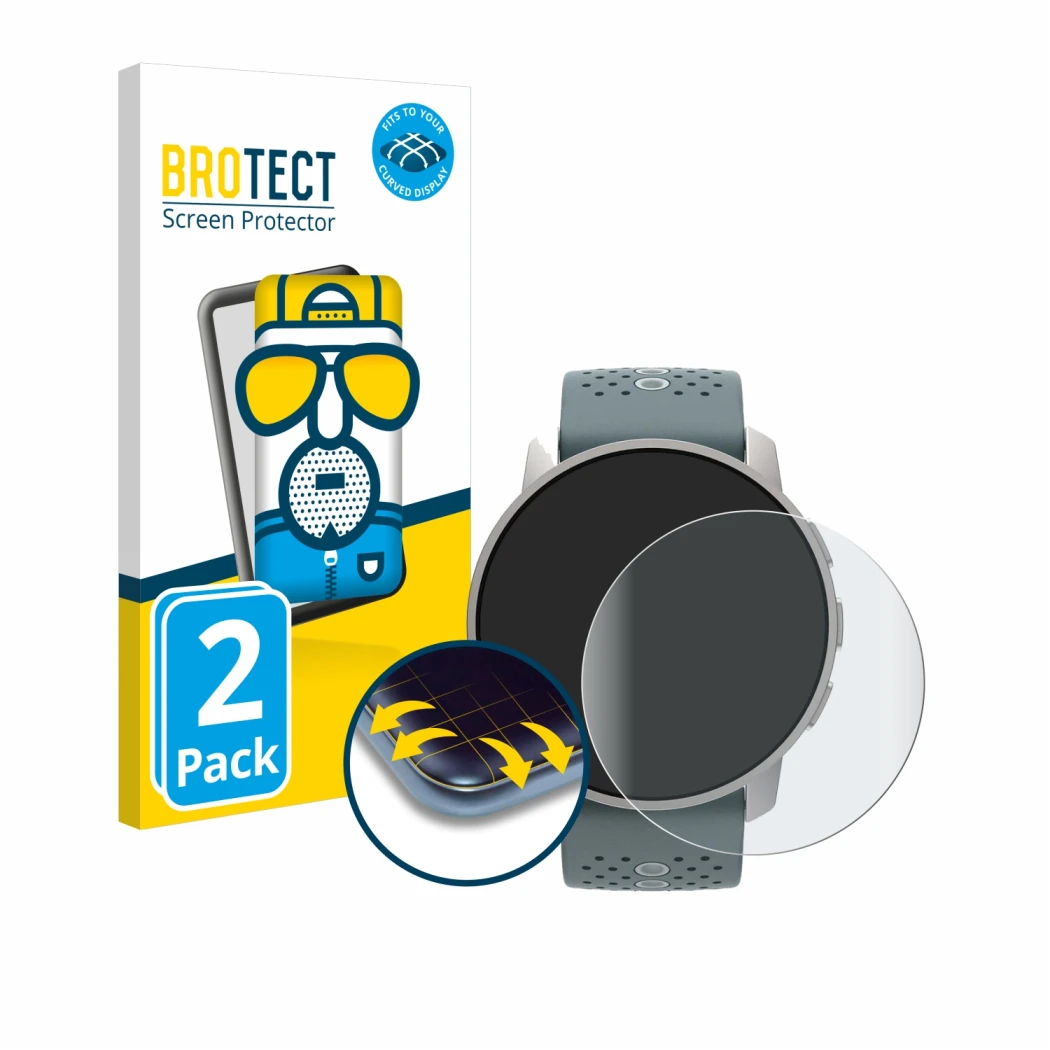 Face avant d’un emballage produit avec le logo de la marque BROTECT. À côté, l’appareil Suunto 9 Peak est représenté avec la p