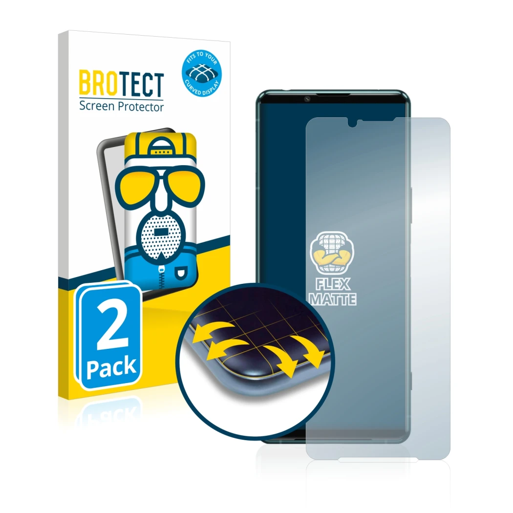 Face avant d’un emballage produit avec le logo de la marque BROTECT. À côté, l’appareil Sony Xperia 5 III est représenté avec 