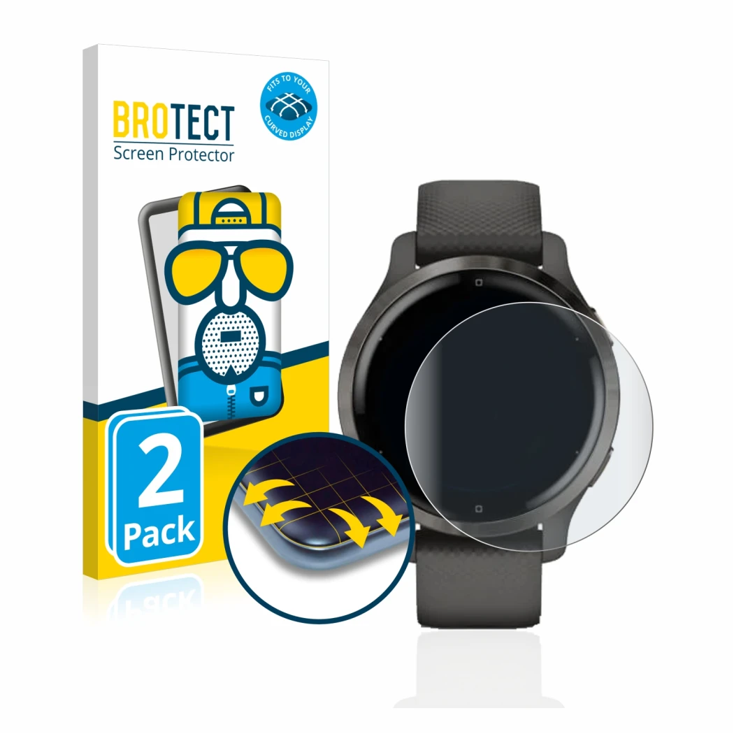 Face avant d’un emballage produit avec le logo de la marque BROTECT. À côté, l’appareil Garmin Venu 2S est représenté avec la