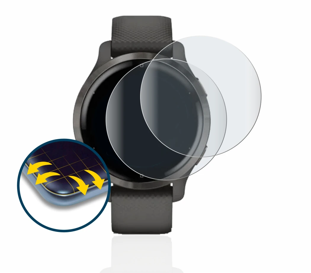 Image de l'appareil Garmin Venu 2S avec une grande variété de protections d'écran.