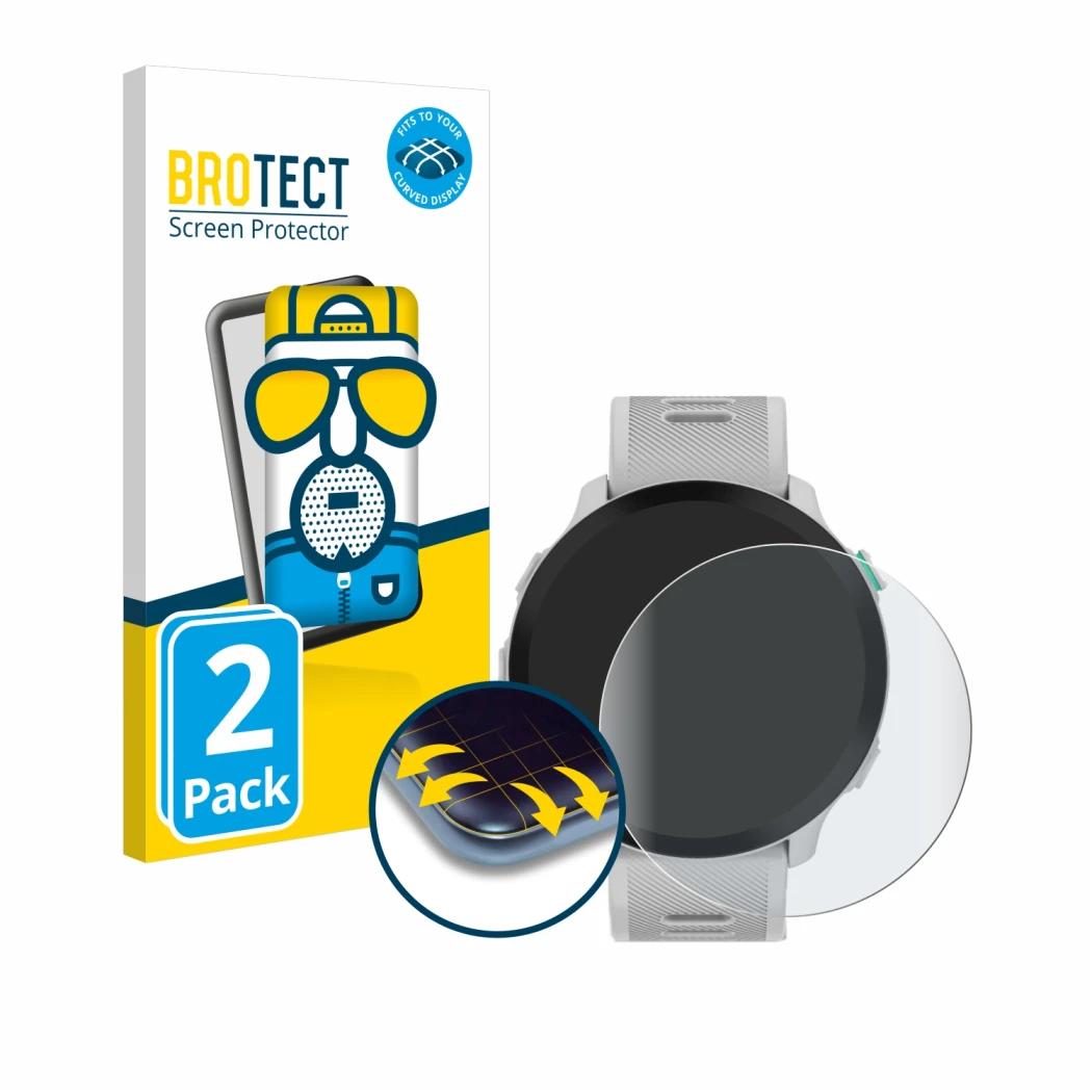 Face avant d’un emballage produit avec le logo de la marque BROTECT. À côté, l’appareil Garmin Forerunner 55 est représenté av