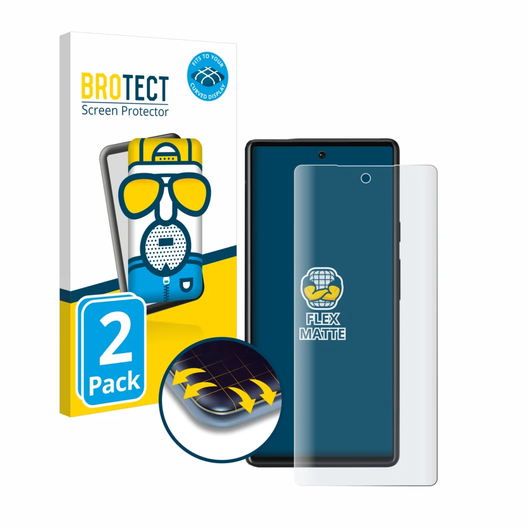 Face avant d’un emballage produit avec le logo de la marque BROTECT. À côté, l’appareil Google Pixel 6 est représenté avec la 