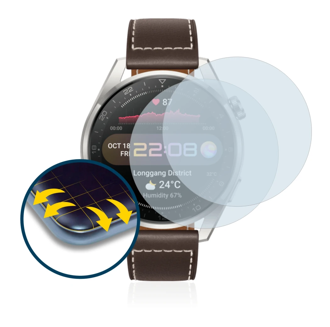 Image de l'appareil Huawei Watch 3 Pro avec une grande variété de protections d'écran.