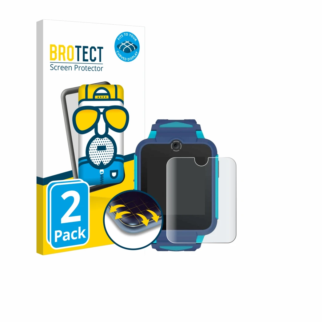 Face avant d’un emballage produit avec le logo de la marque BROTECT. À côté, l’appareil TCL Movetime Family Watch 2 est représ