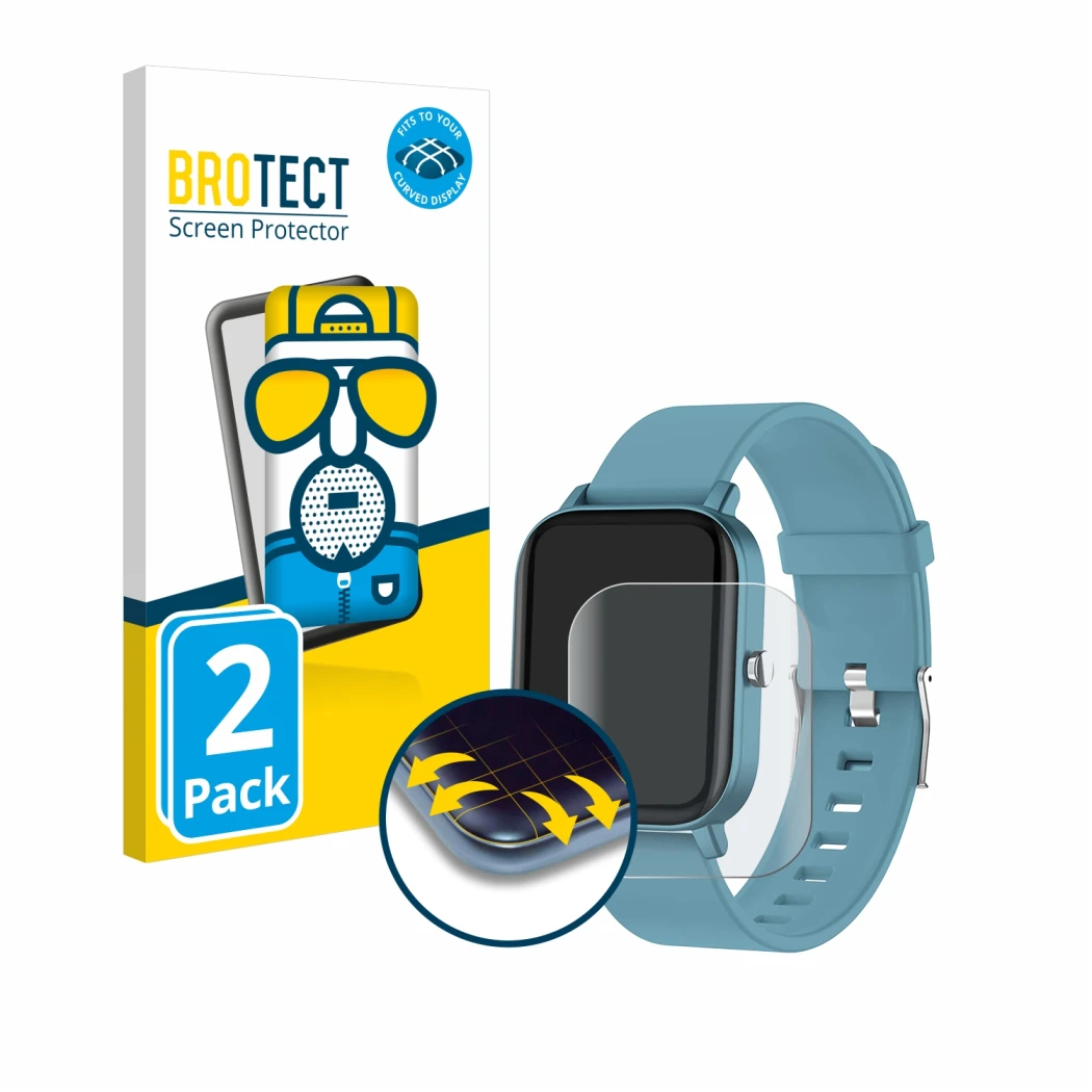 Face avant d’un emballage produit avec le logo de la marque BROTECT. À côté, l’appareil Pubu Smartwatch est représenté avec la