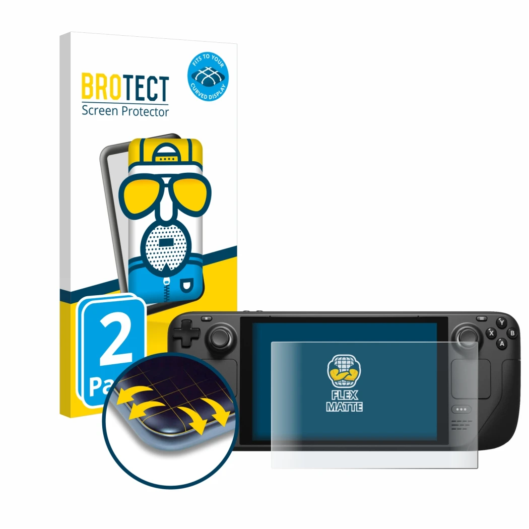 Face avant d’un emballage produit avec le logo de la marque BROTECT. À côté, l’appareil Valve Steam Deck est représenté avec l