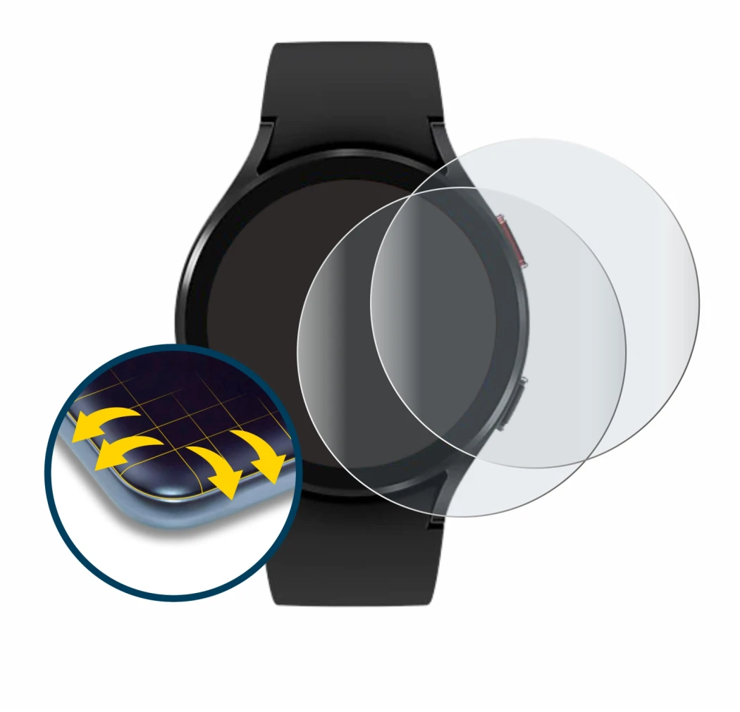 Image de l'appareil Samsung Galaxy Watch 4 (44mm) avec une grande variété de protections d'écran.