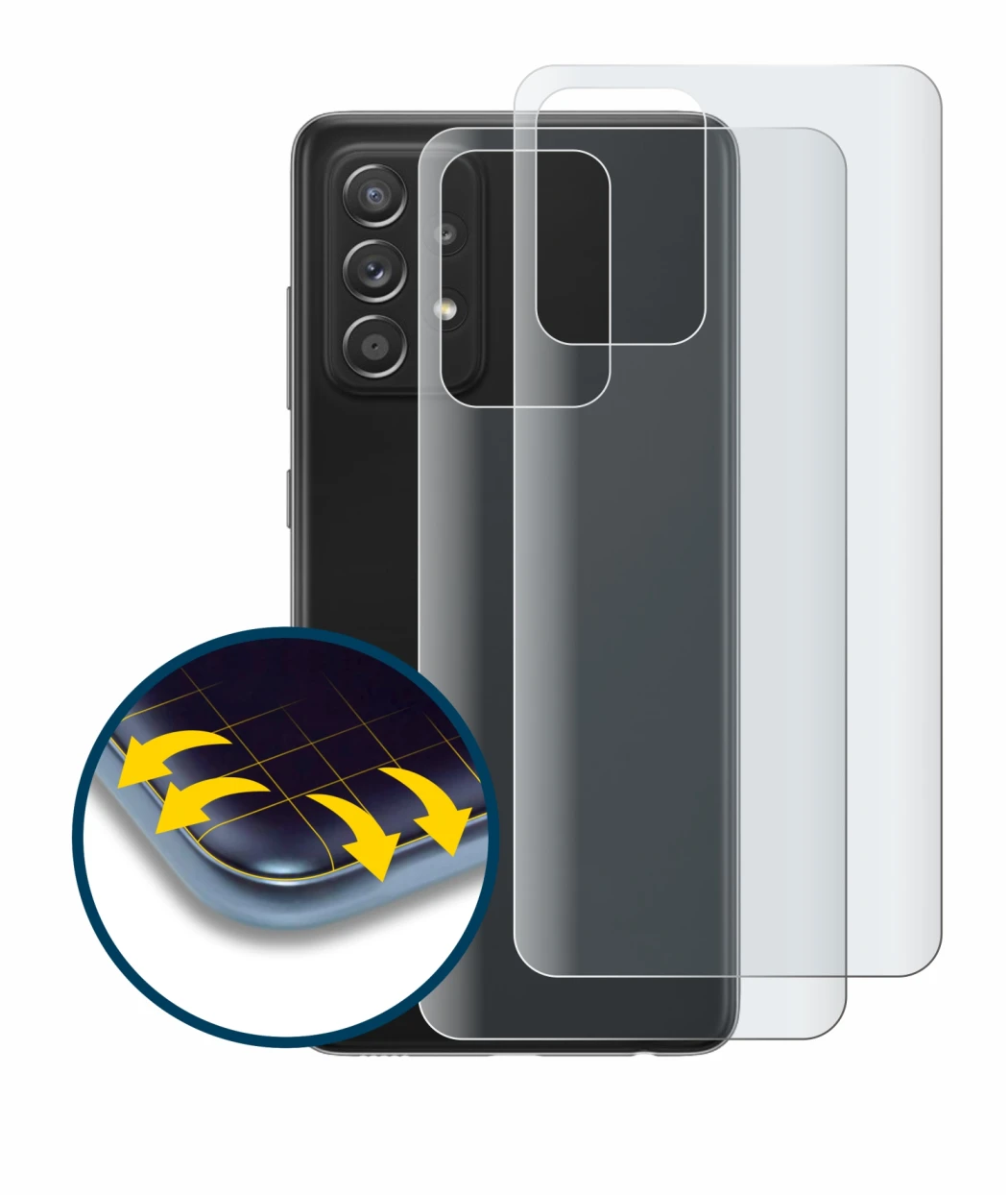 Image de l'appareil Samsung Galaxy A52s 5G (Arrière) avec une grande variété de protections d'écran.