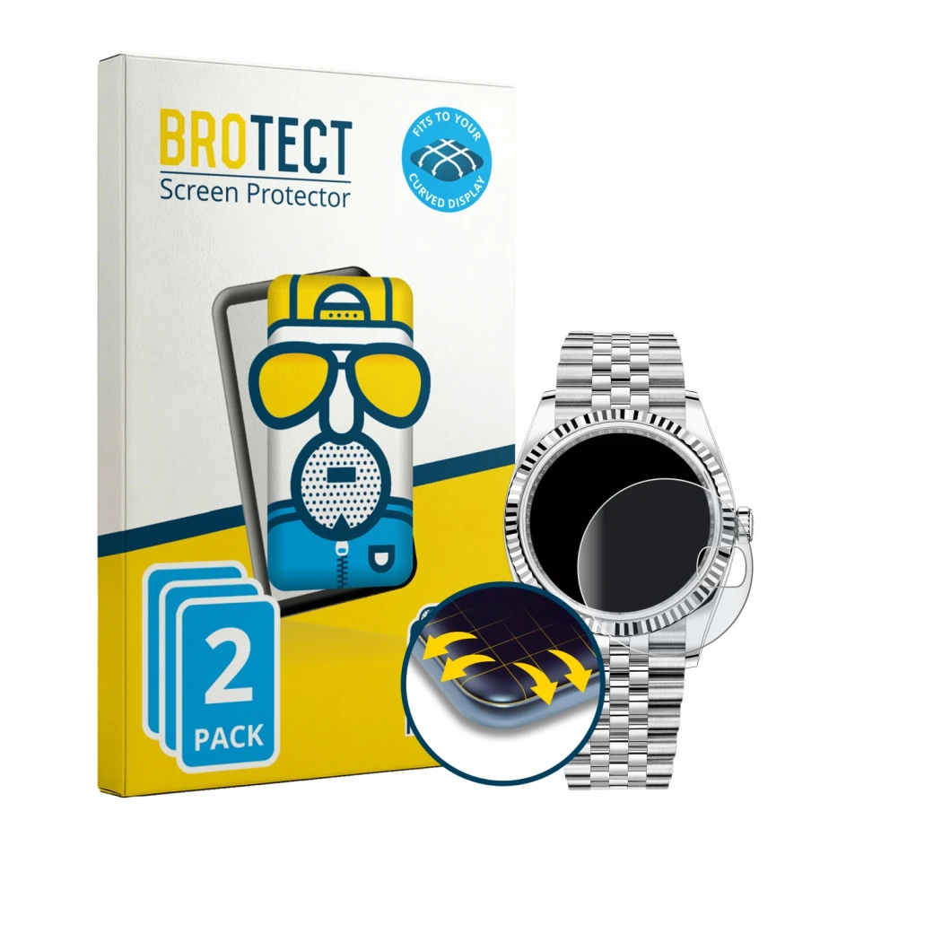 Face avant d’un emballage produit avec le logo de la marque BROTECT. À côté, l’appareil Rolex Datejust 36 est représenté avec 