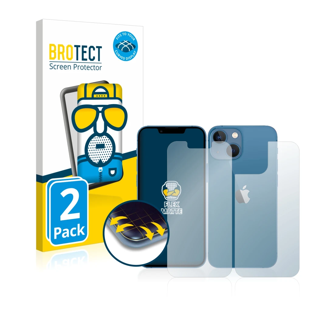 Face avant d’un emballage produit avec le logo de la marque BROTECT. À côté, l’appareil Apple iPhone 13 mini (Avant+Arrière) e