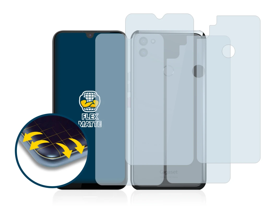 Image de l'appareil Gigaset GS5 (Avant+Arrière) avec une grande variété de protections d'écran.