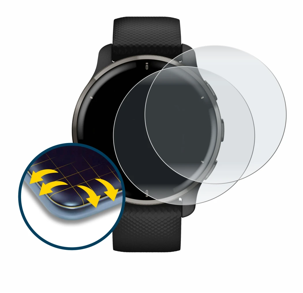 Image de l'appareil Garmin Venu 2 Plus avec une grande variété de protections d'écran.