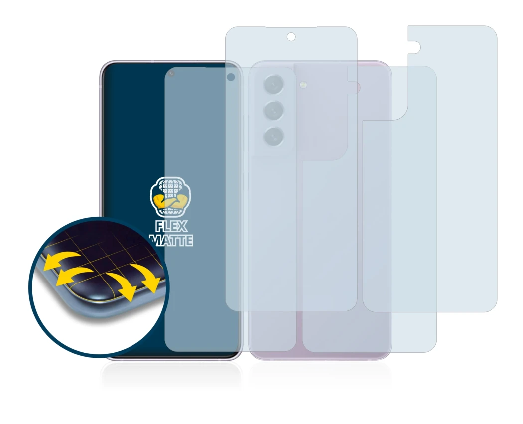 Image de l'appareil Samsung Galaxy S21 FE 5G (Avant+Arrière) avec une grande variété de protections d'écran.