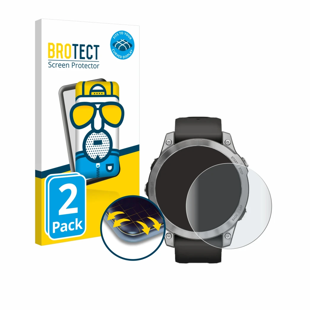 Face avant d’un emballage produit avec le logo de la marque BROTECT. À côté, l’appareil Garmin Fenix 7 (47 mm) est représenté 