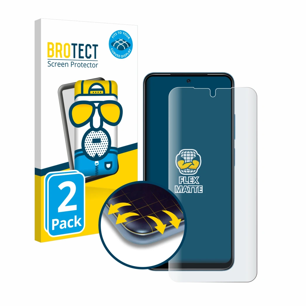 Face avant d’un emballage produit avec le logo de la marque BROTECT. À côté, l’appareil Xiaomi Redmi Note 11 est représenté av