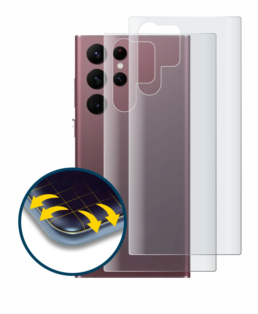 Image de l'appareil Samsung Galaxy S22 Ultra 5G (Arrière) avec une grande variété de protections d'écran.