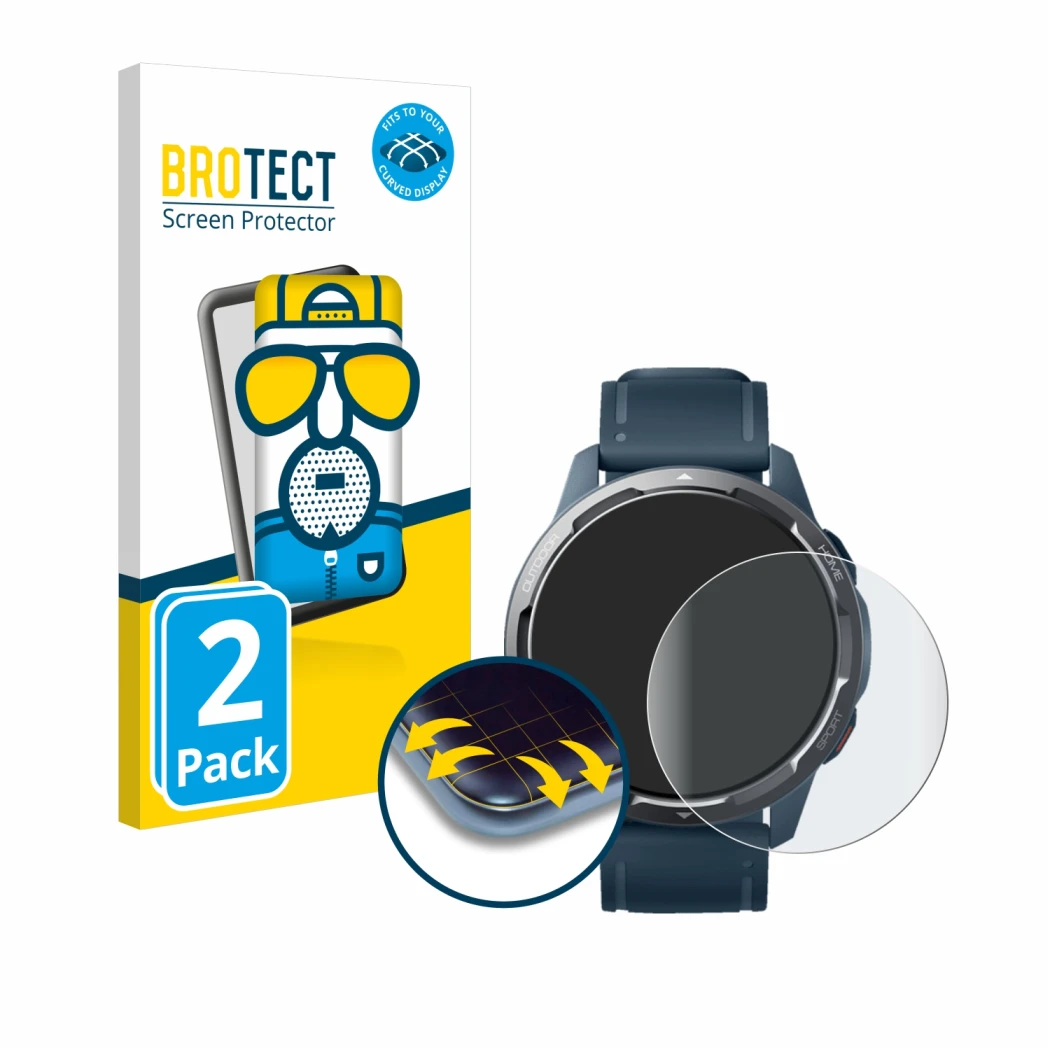 Face avant d’un emballage produit avec le logo de la marque BROTECT. À côté, l’appareil Xiaomi Watch S1 Active est représenté 