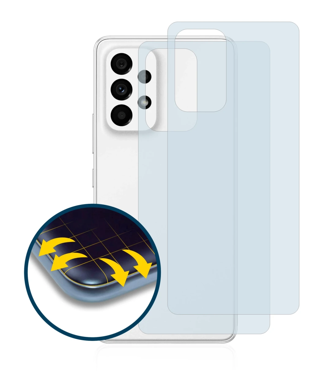 Image de l'appareil Samsung Galaxy A53 5G (Arrière) avec une grande variété de protections d'écran.