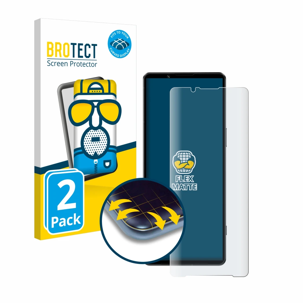 Face avant d’un emballage produit avec le logo de la marque BROTECT. À côté, l’appareil Sony Xperia 1 IV est représenté avec l