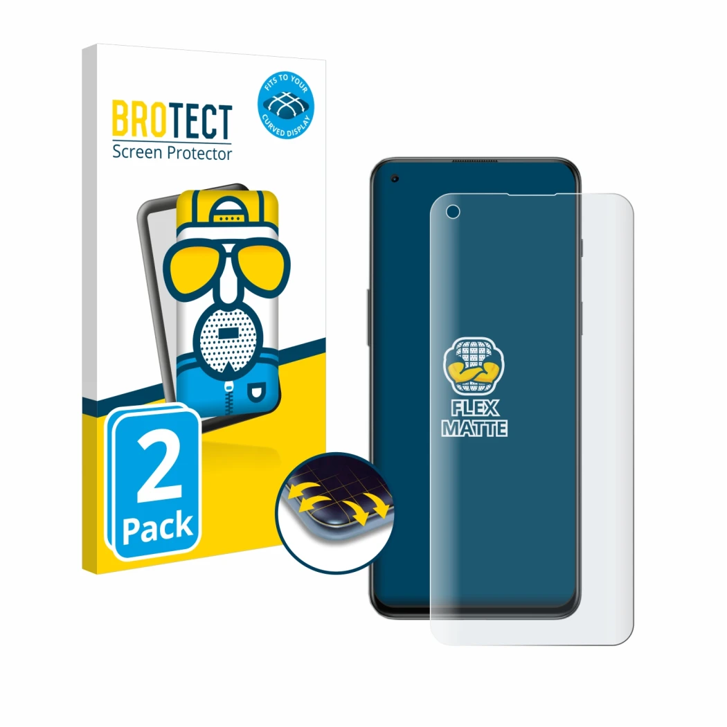 Face avant d’un emballage produit avec le logo de la marque BROTECT. À côté, l’appareil OnePlus Nord 2T 5G est représenté avec