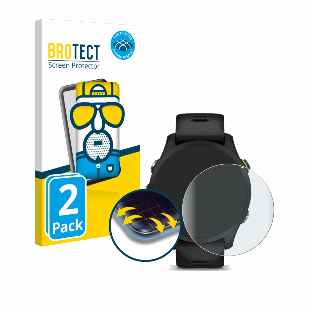 Face avant d’un emballage produit avec le logo de la marque BROTECT. À côté, l’appareil Garmin Forerunner 255 est représenté a